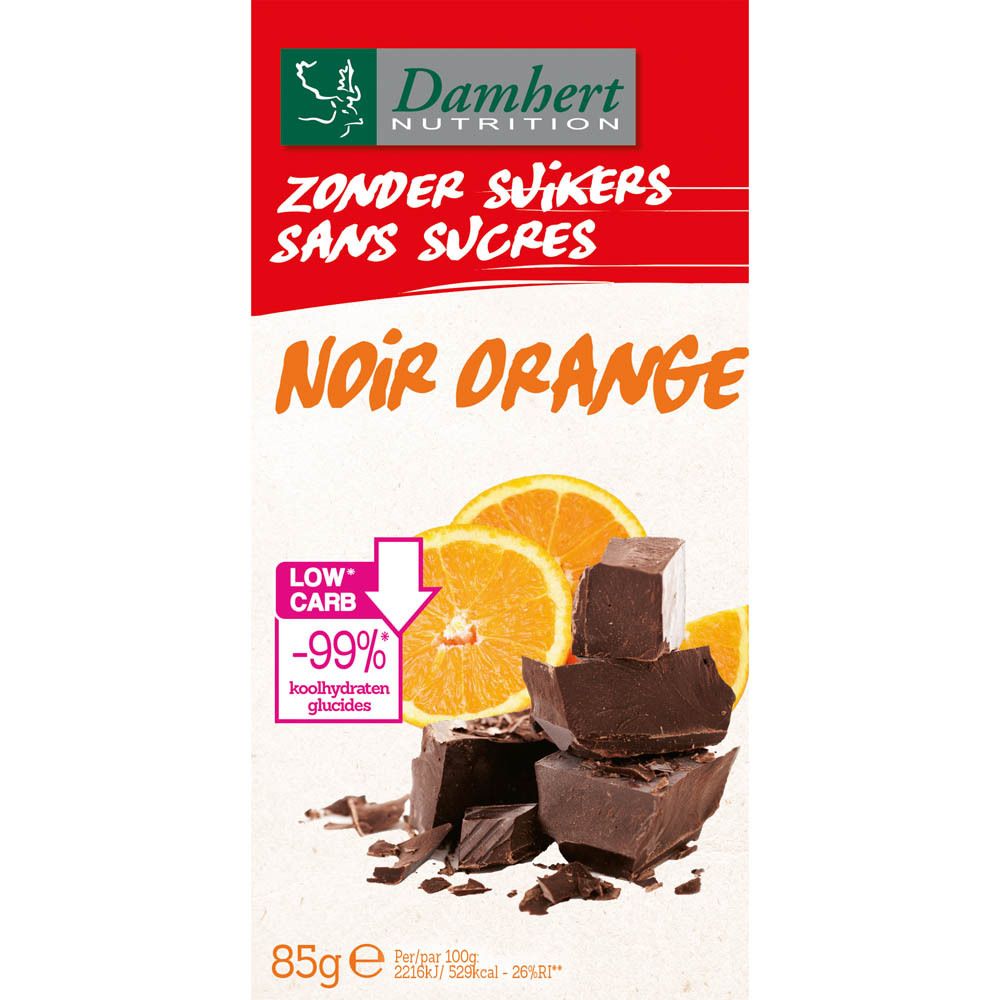 Schokoladentafel mit Orangenstückchen. Aufschrift "Noir Orange" und "Zonder Suikers". Verpackung mit rotem und weißem Hintergrund. 85g.
