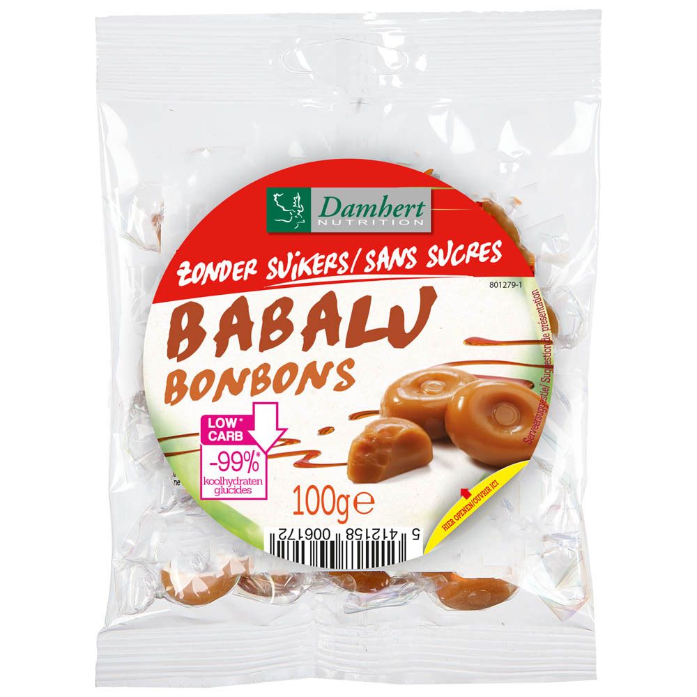 Bonbons in Folie verpackt. Aufdruck: Damhert, Babalu Bonbons, ohne Zucker, 100g.