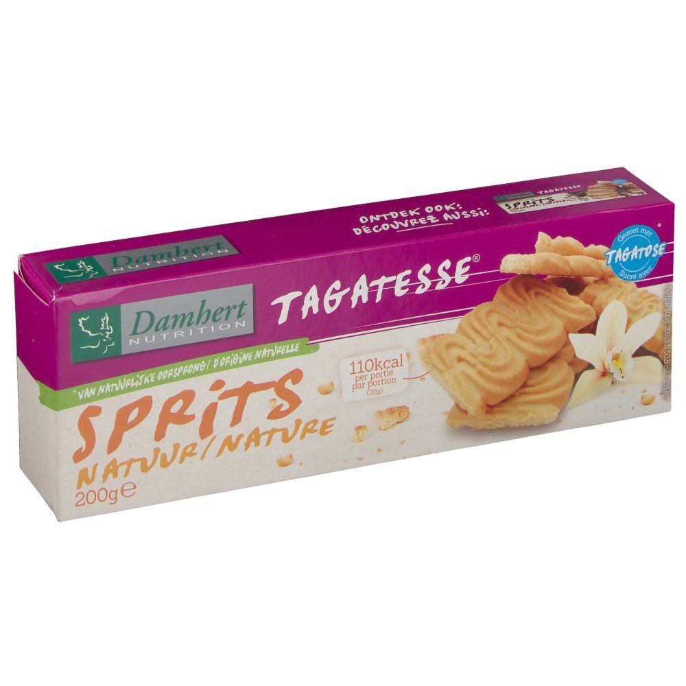 Boîte de biscuits Sprits. Inscriptions: Damhert Nutrition, Tagatesse, Sprits Natur/Nature. Image de biscuits et de vanille.