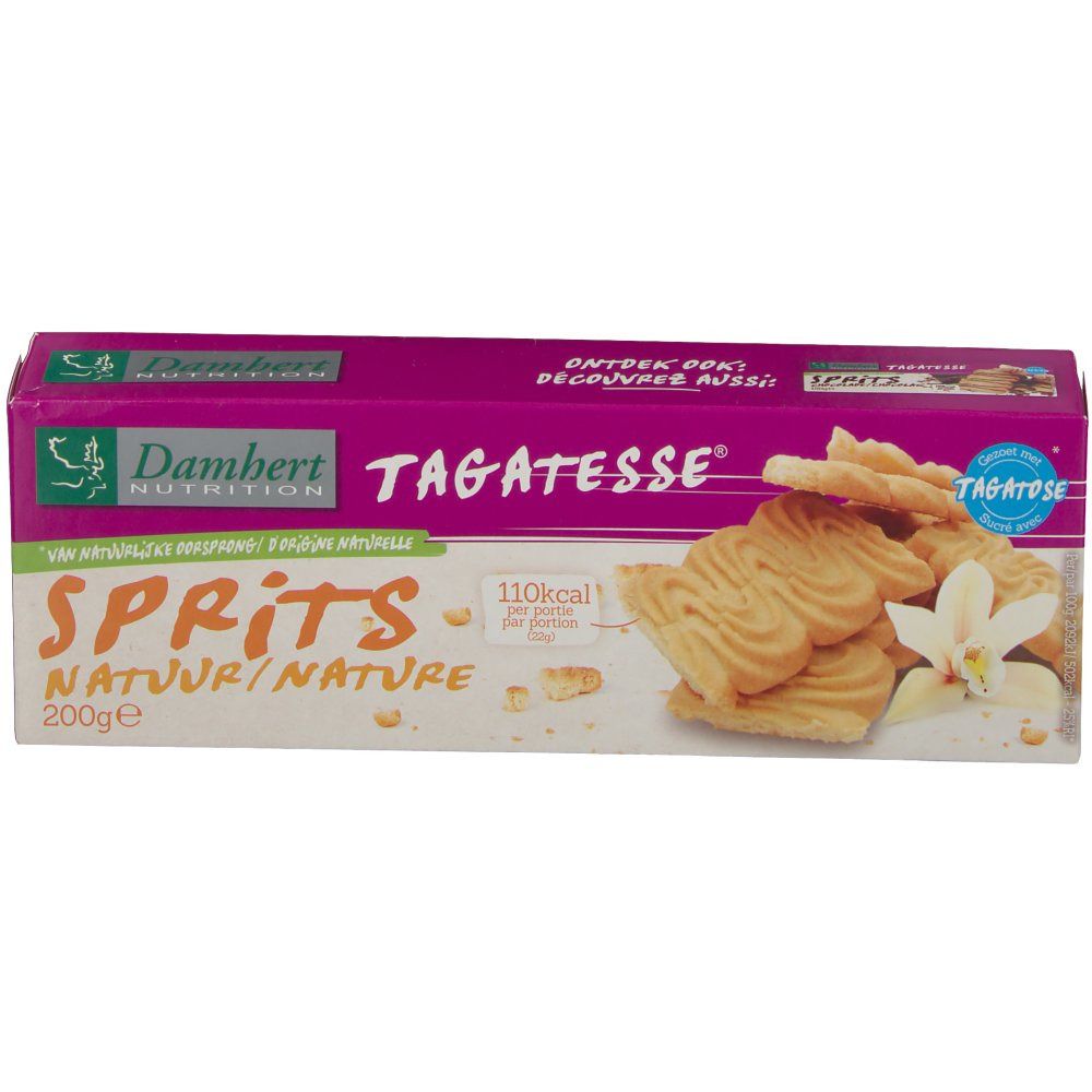 Boîte de biscuits Sprits. Inscriptions: Damhert Nutrition, Tagatesse, Sprits Natur/Nature. Image de biscuits et de vanille.