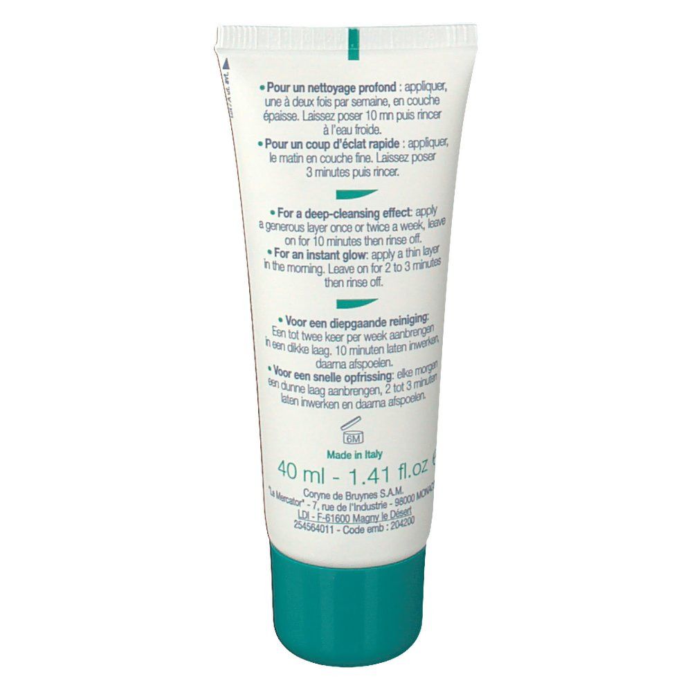 Rückseite des Creme-Tubes. Text in Französisch, Englisch und Niederländisch. Volumenangabe.