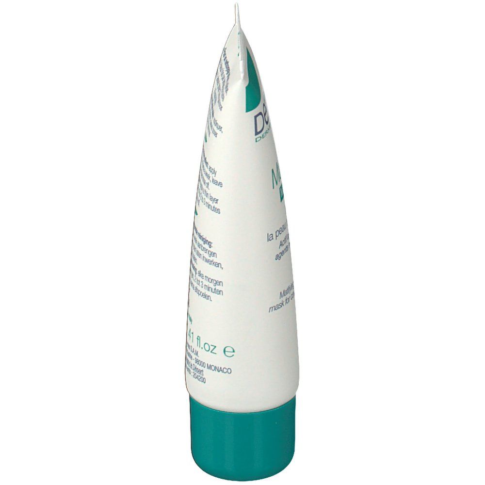 Seitenansicht des Creme-Tubes. Grün-weiße Verpackung. Text in Französisch und Englisch.