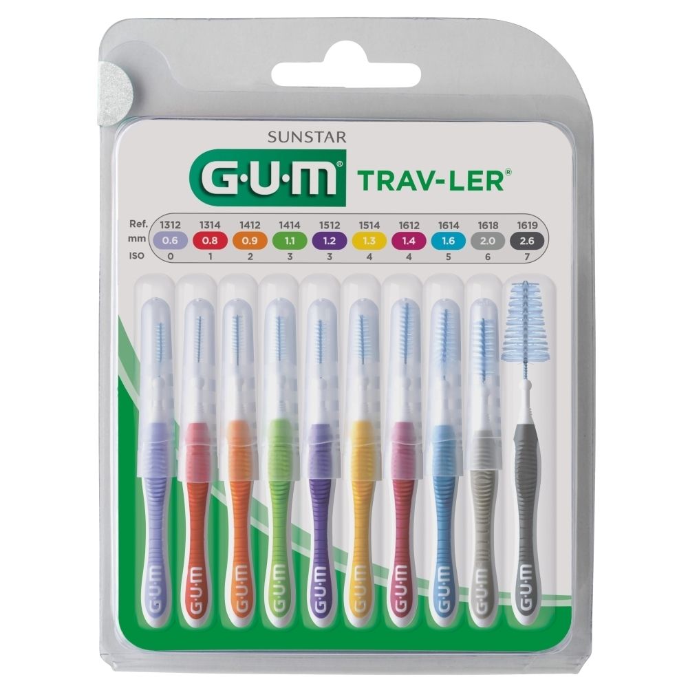 Assortiment de brosses interdentaires en blister. Manches multicolores, couleurs de brins variées. GUM® Trav-Ler® et indications de tailles visibles.