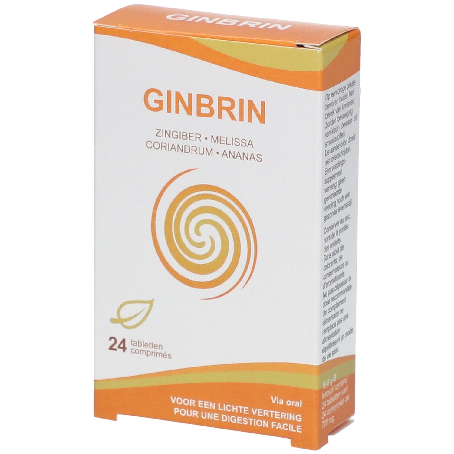 GINBRIN-Verpackung. Enthält 24 Tabletten. Aufschrift: Ingwer, Melisse, Koriander, Ananas. Orange-weiße Schachtel.