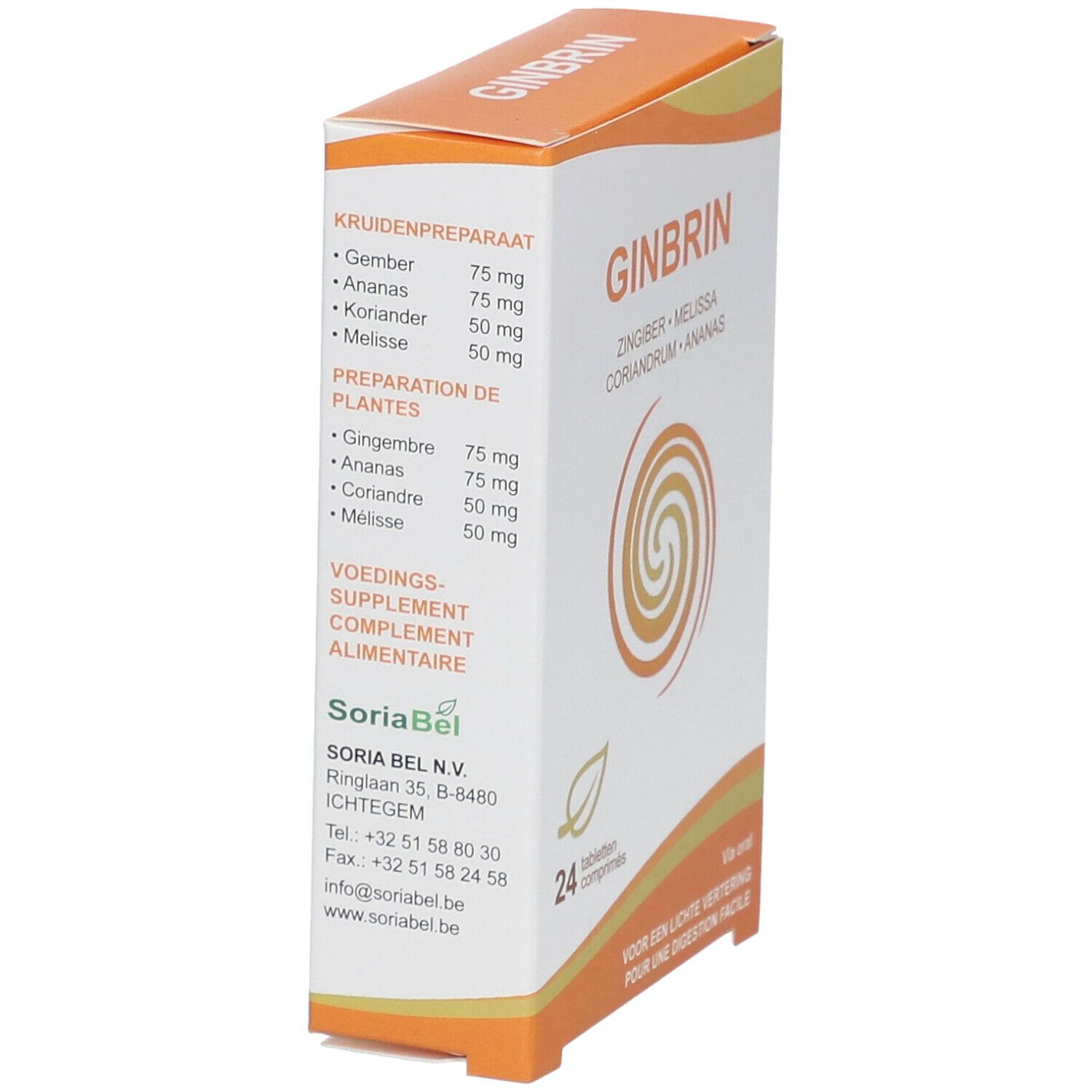 GINBRIN-Verpackung. Zutatenliste und Dosierung. Enthält 24 Tabletten. Orange-weiße Schachtel. SoriaBel-Logo.