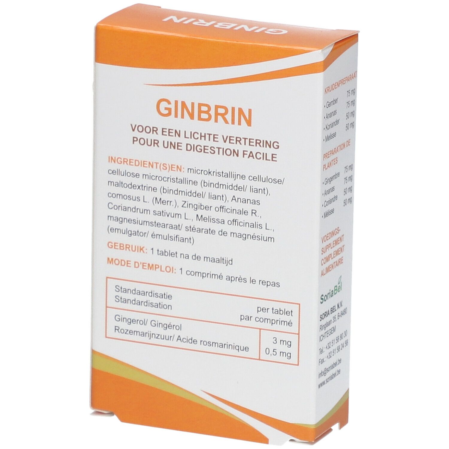 GINBRIN-Verpackung. Zutatenliste und Dosierung. 24 Tabletten. Orange-weiße Schachtel. Gebrauchsanweisung: 1 Tablette nach der Mahlzeit.