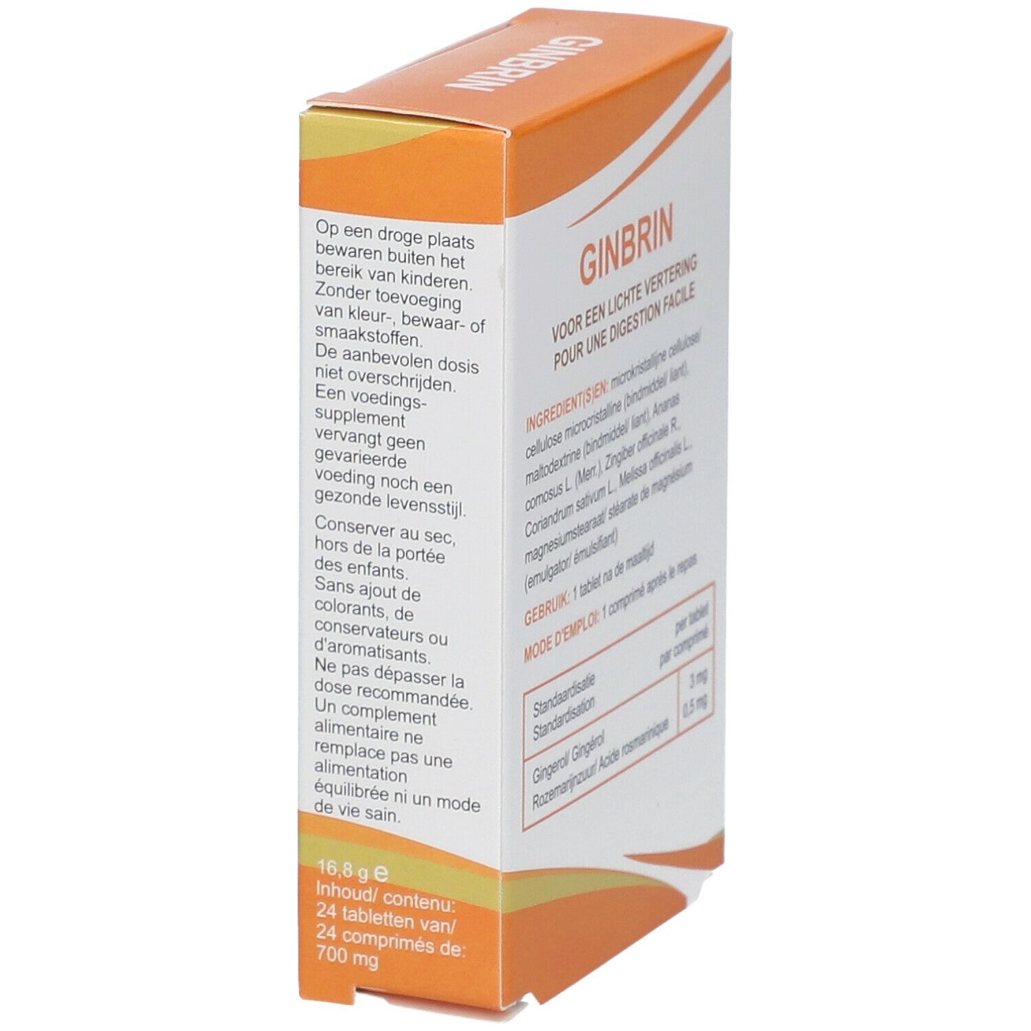 GINBRIN-Verpackung. Enthält 24 Tabletten. Orange-weiße Schachtel. Text: Für eine leichte Verdauung. 16,6 g Inhalt.