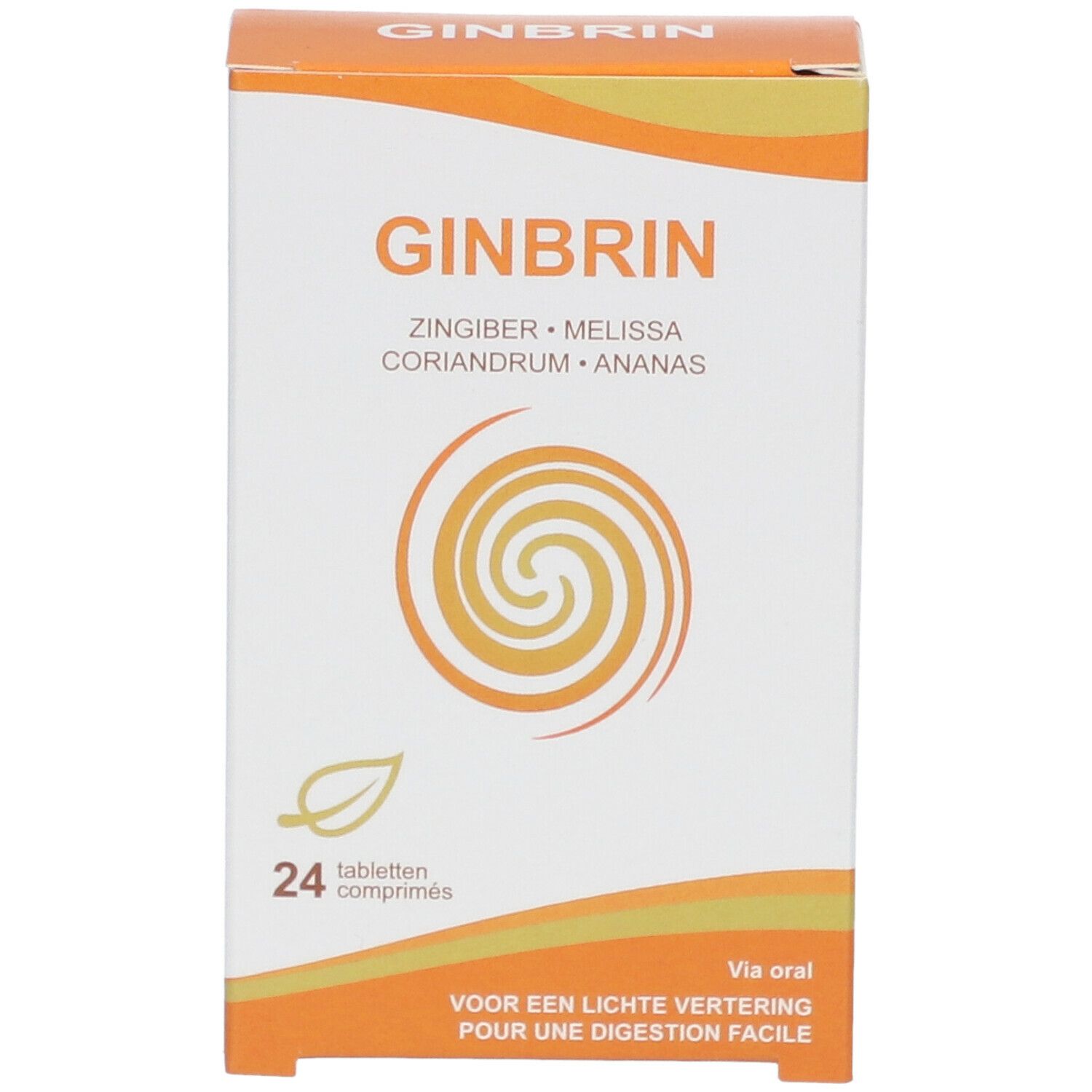 GINBRIN-Verpackung. Enthält 24 Tabletten. Aufschrift: Ingwer, Melisse, Koriander, Ananas. Orange-weiße Schachtel.