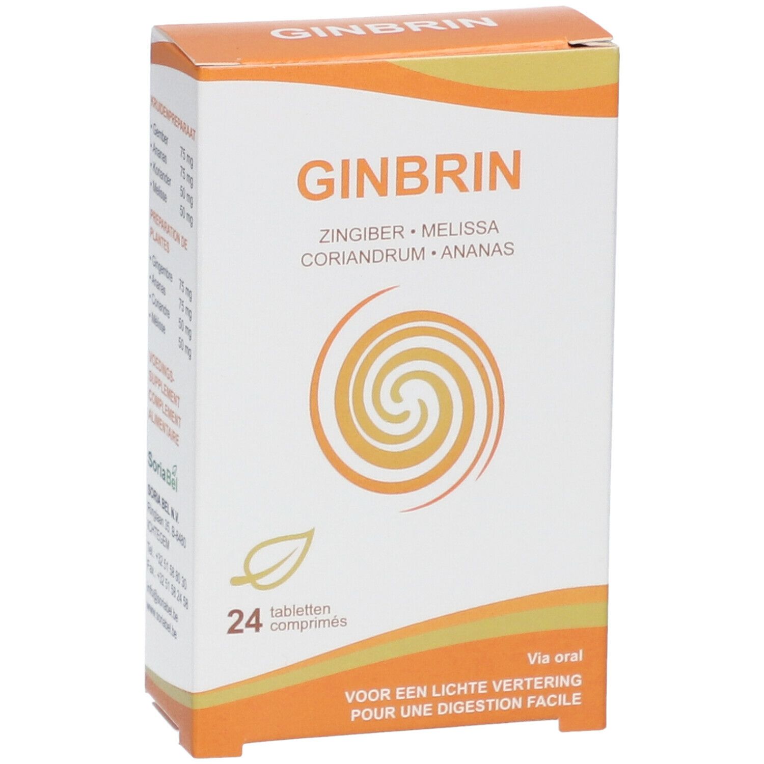 GINBRIN-Verpackung. Enthält 24 Tabletten. Aufschrift: Ingwer, Melisse, Koriander, Ananas. Orange-weiße Schachtel.