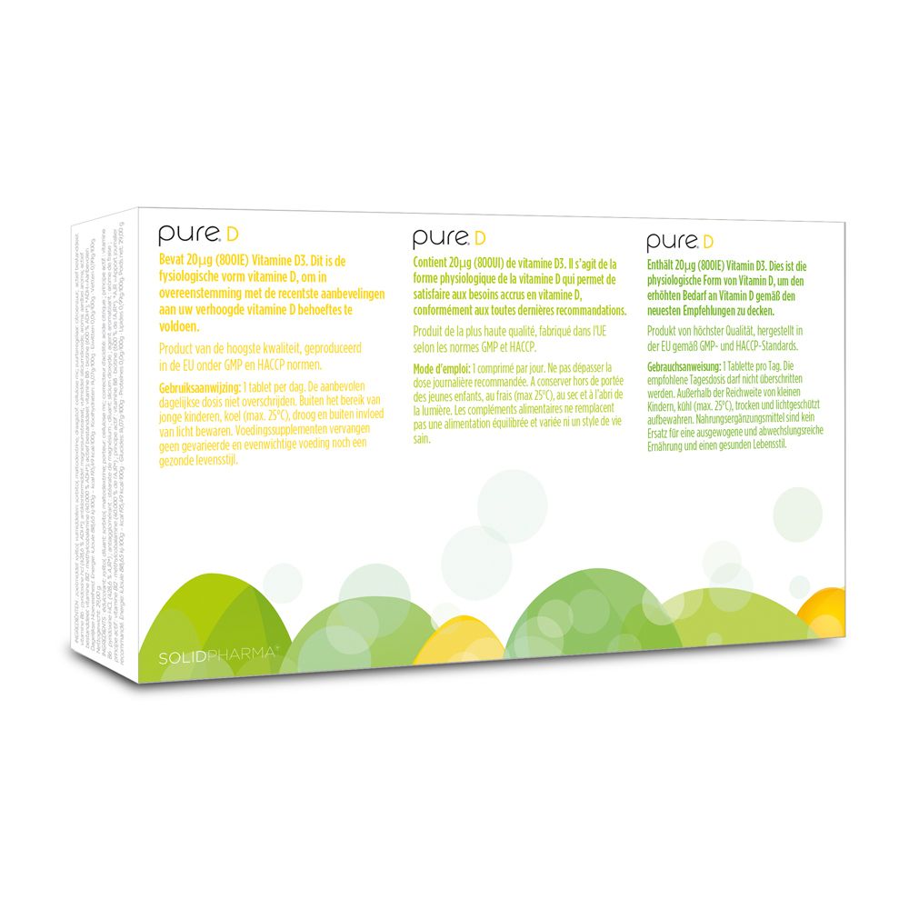 Rückseite der weißen Schachtel mit pure. D-Logo. Text in Deutsch, Französisch, Niederländisch.