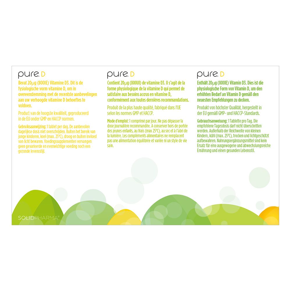 Dos de la boîte blanche avec logo pure. D. Texte en allemand, français et néerlandais.