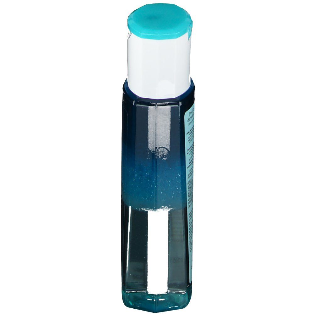 Flasche mit blau-transparenter Flüssigkeit. Weißer Deckel mit türkisblauem Verschluss. Produktetikett mit Text.