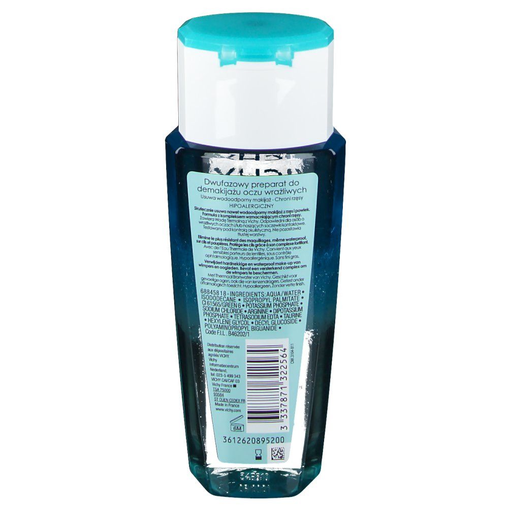 Rückseite der Flasche. Etikett mit Inhaltsstoffen und Produktinformationen. Farbverlauf von blau nach transparent.