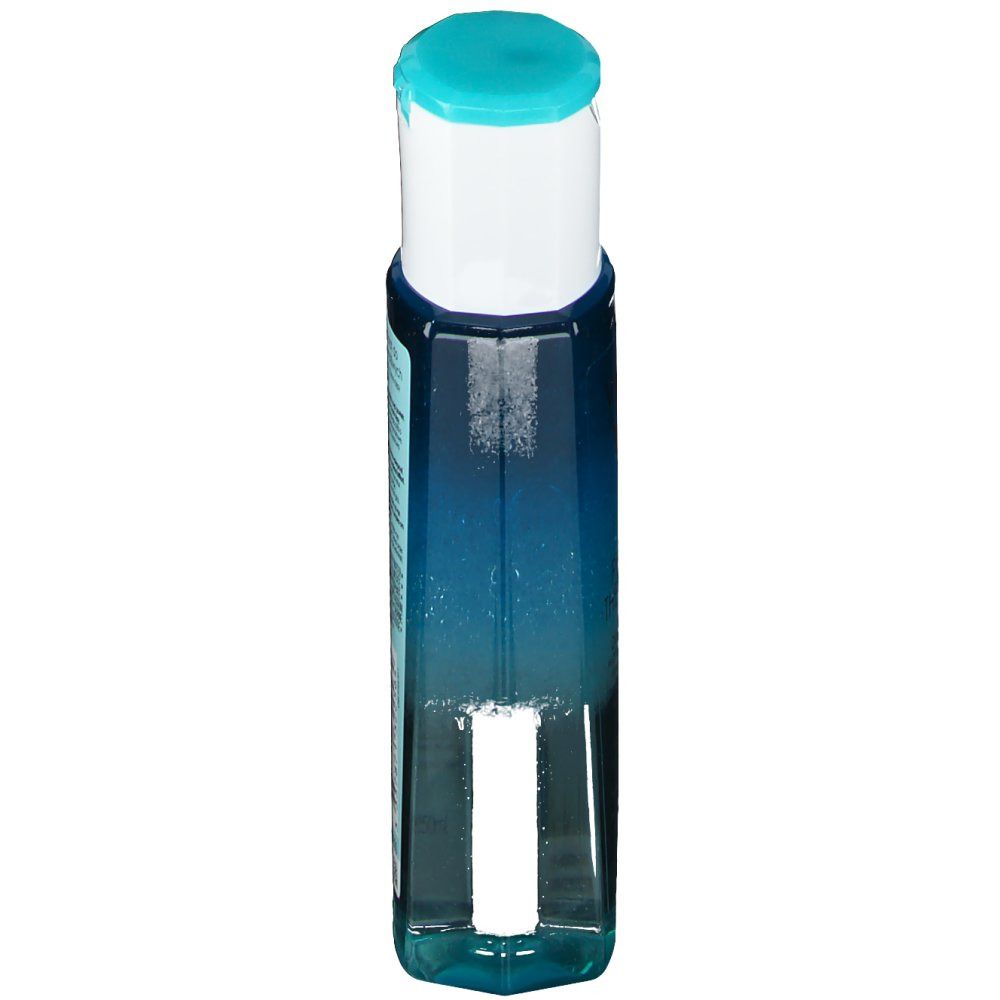 Flasche mit blau-transparenter Flüssigkeit. Weißer Deckel mit türkisblauem Verschluss. Etikett mit Text.
