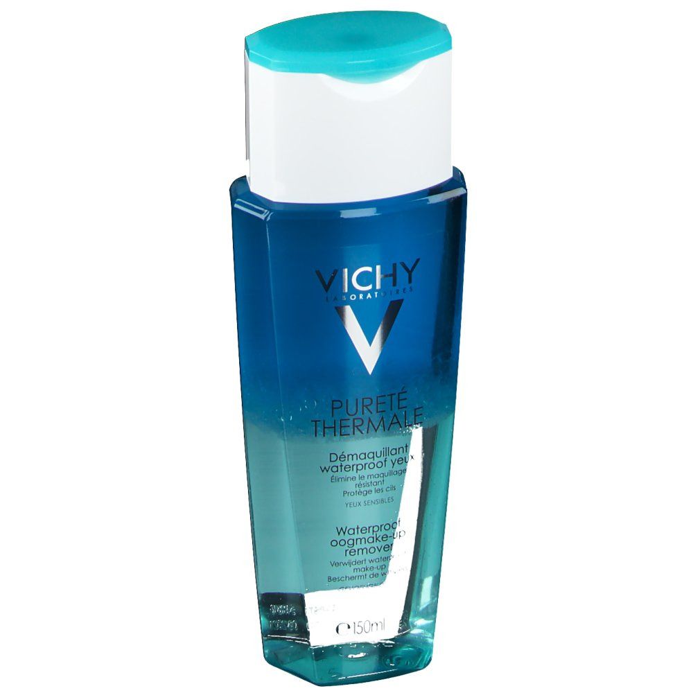 Blau-transparente Flasche mit weißem Deckel. Aufschrift: VICHY, Pureté Thermale, Augen-Make-up Entferner für wasserfestes Make-up.
