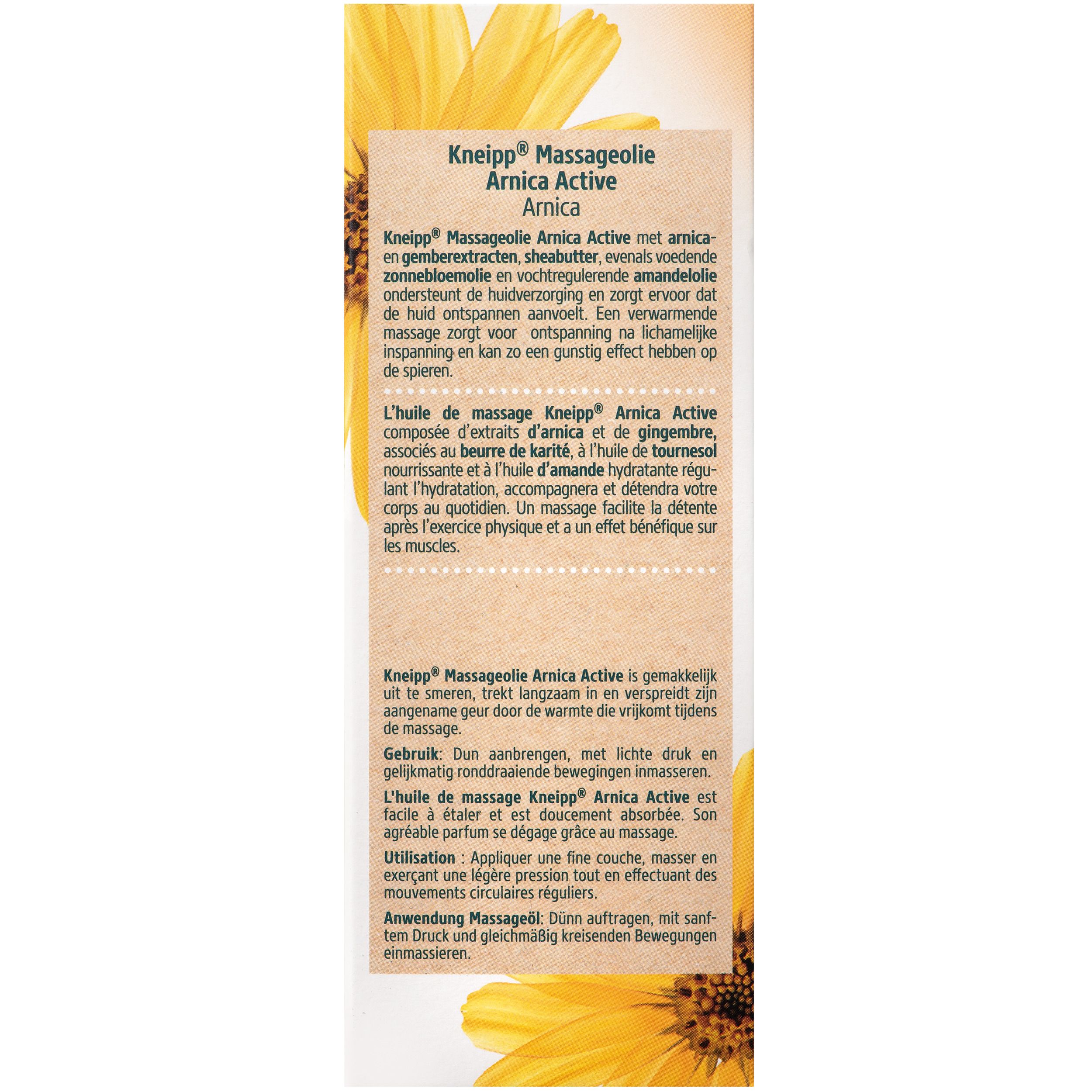 Huile de massage Kneipp® Arnica. Flacon vert. Étiquette avec texte et logo.