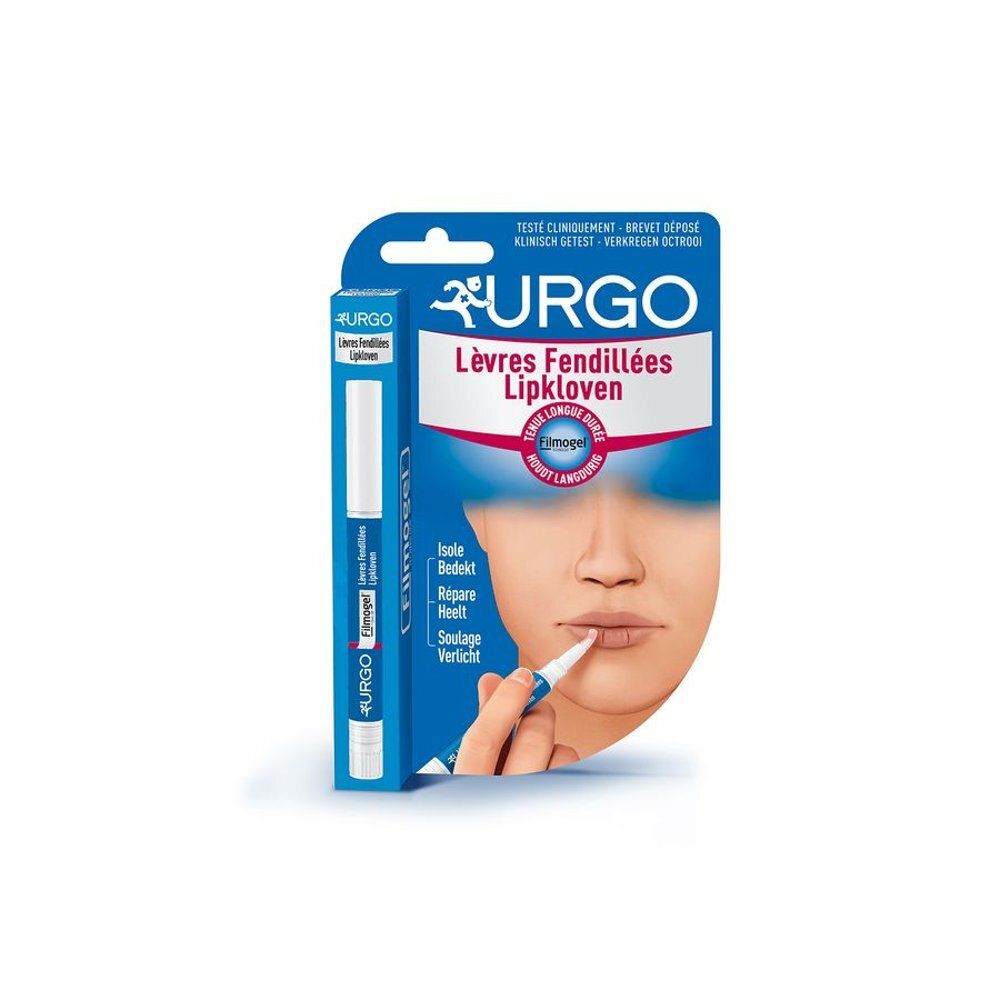 Emballage produit avec stylo. Inscription: Urgo, Lèvres fendillées, Lipkloven. Visage avec lèvres.