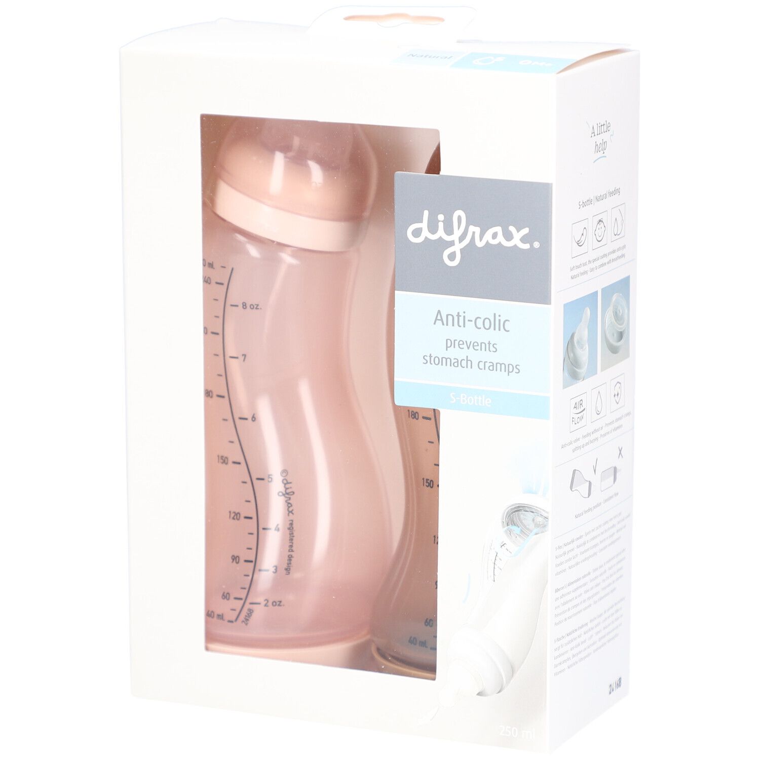 Verpackung mit zwei Babyflaschen. Rosa Flaschen mit Messskala. Marke: Difrax. Anti-Kolik-Funktion.