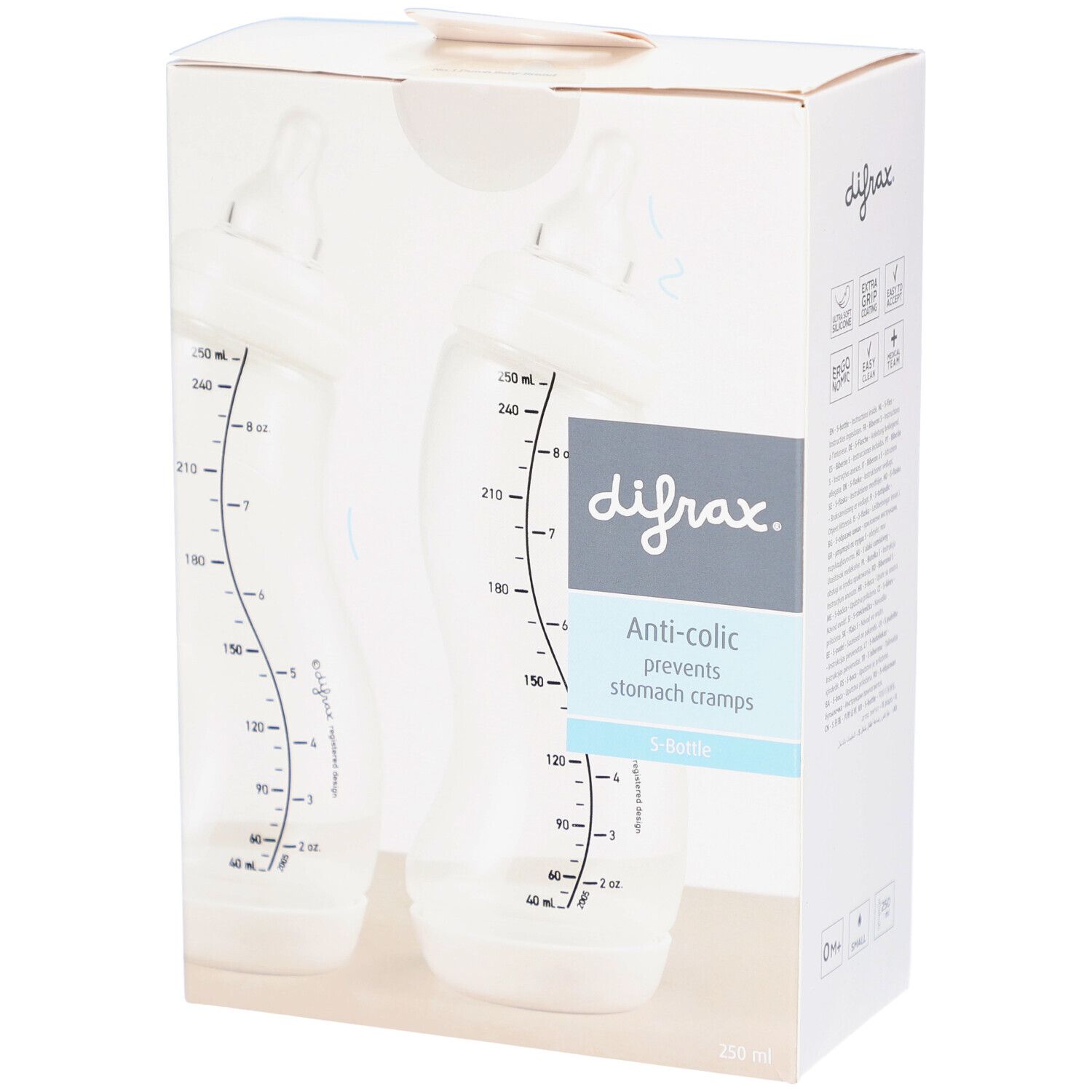 Verpackung mit zwei transparenten Babyflaschen. Messskala sichtbar. Marke: Difrax. Anti-Kolik-Funktion.