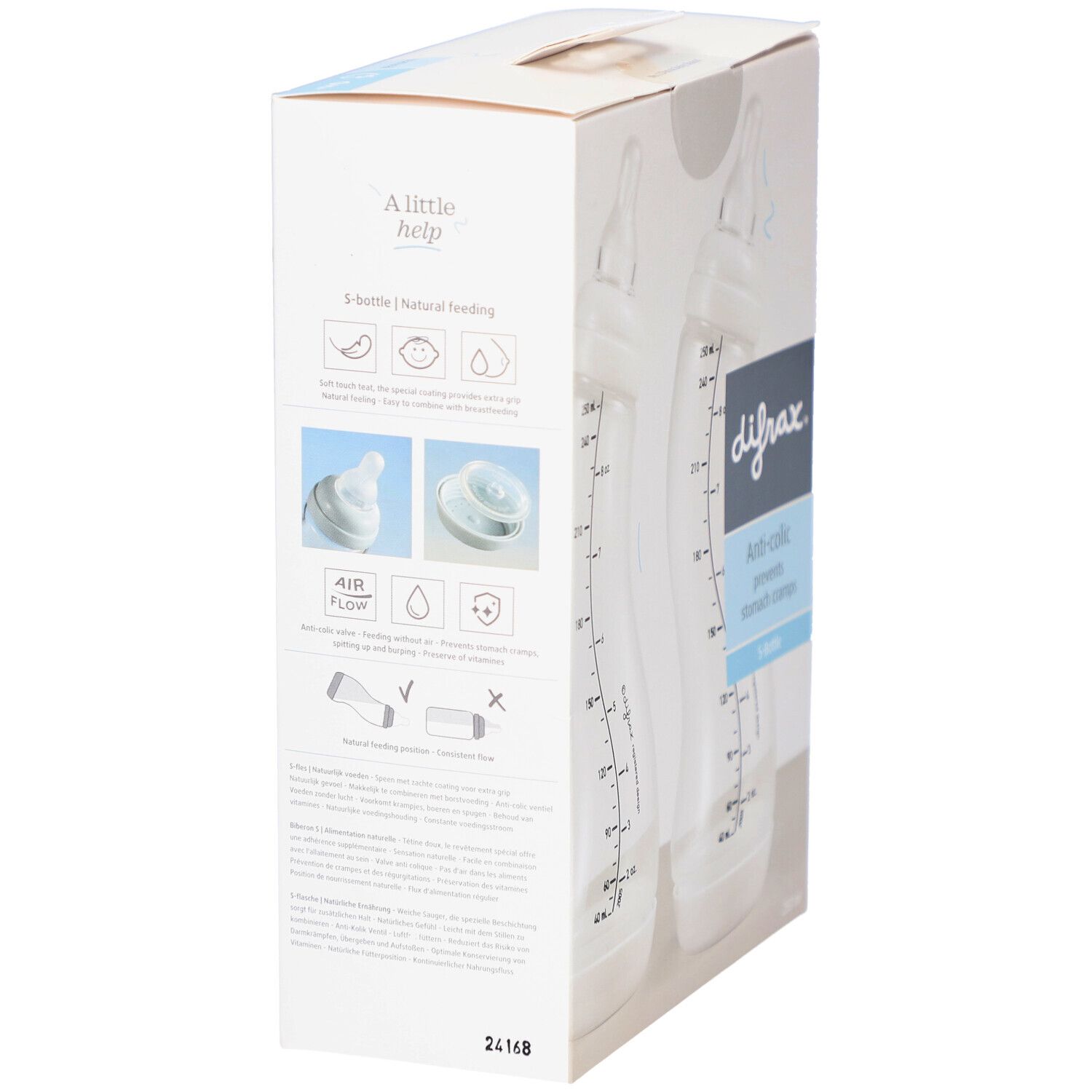 Verpackung mit zwei Babyflaschen. Marke: Difrax. Anti-Kolik-Funktion. Illustrationen zur Anwendung.