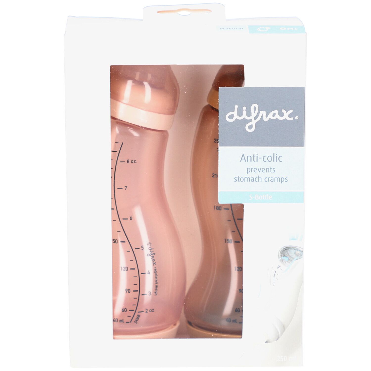 Verpackung mit zwei Babyflaschen. Rosa und braune Flaschen. Marke: Difrax. Anti-Kolik-Funktion.
