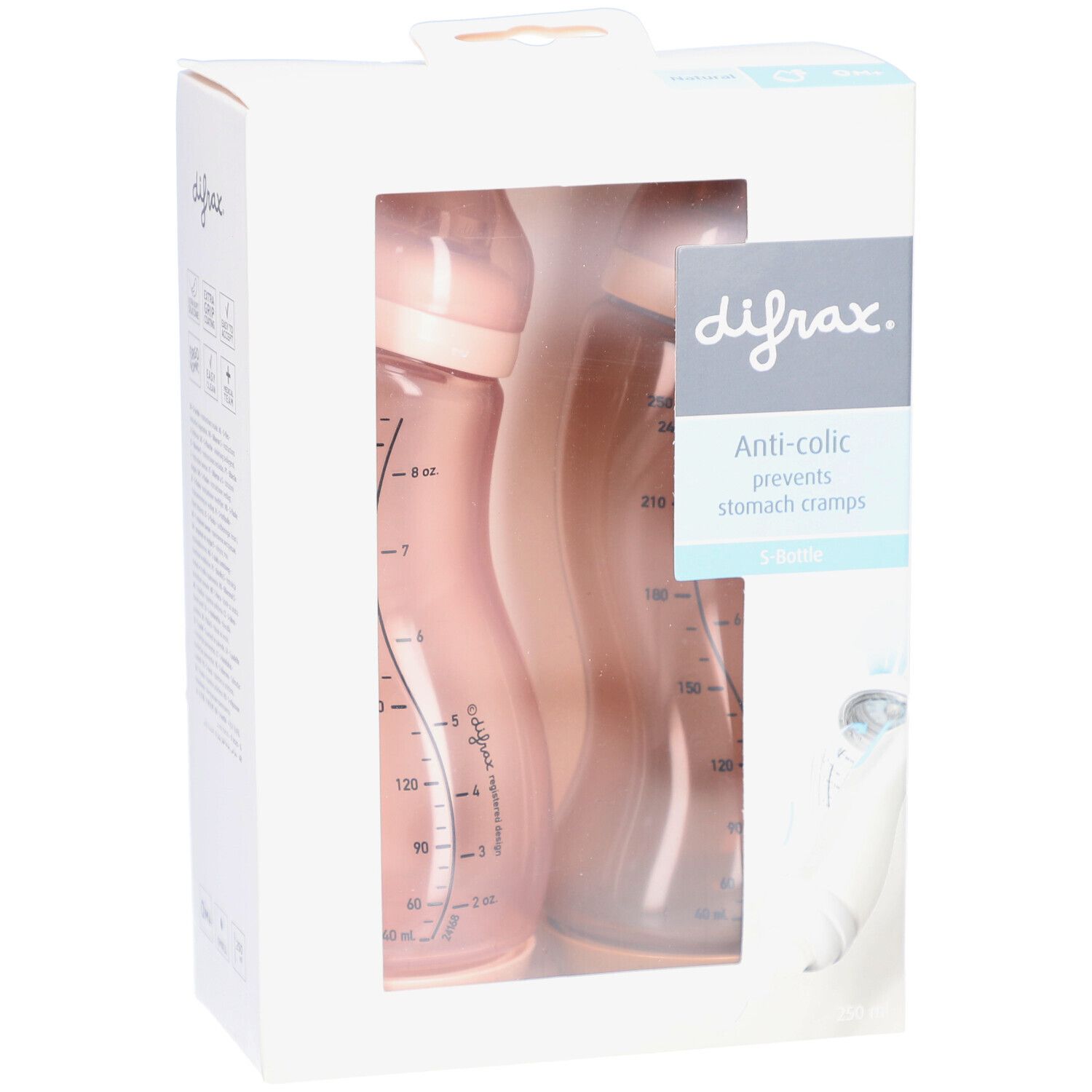 Verpackung mit zwei Babyflaschen. Rosa und braune Flaschen. Marke: Difrax. Anti-Kolik-Funktion.