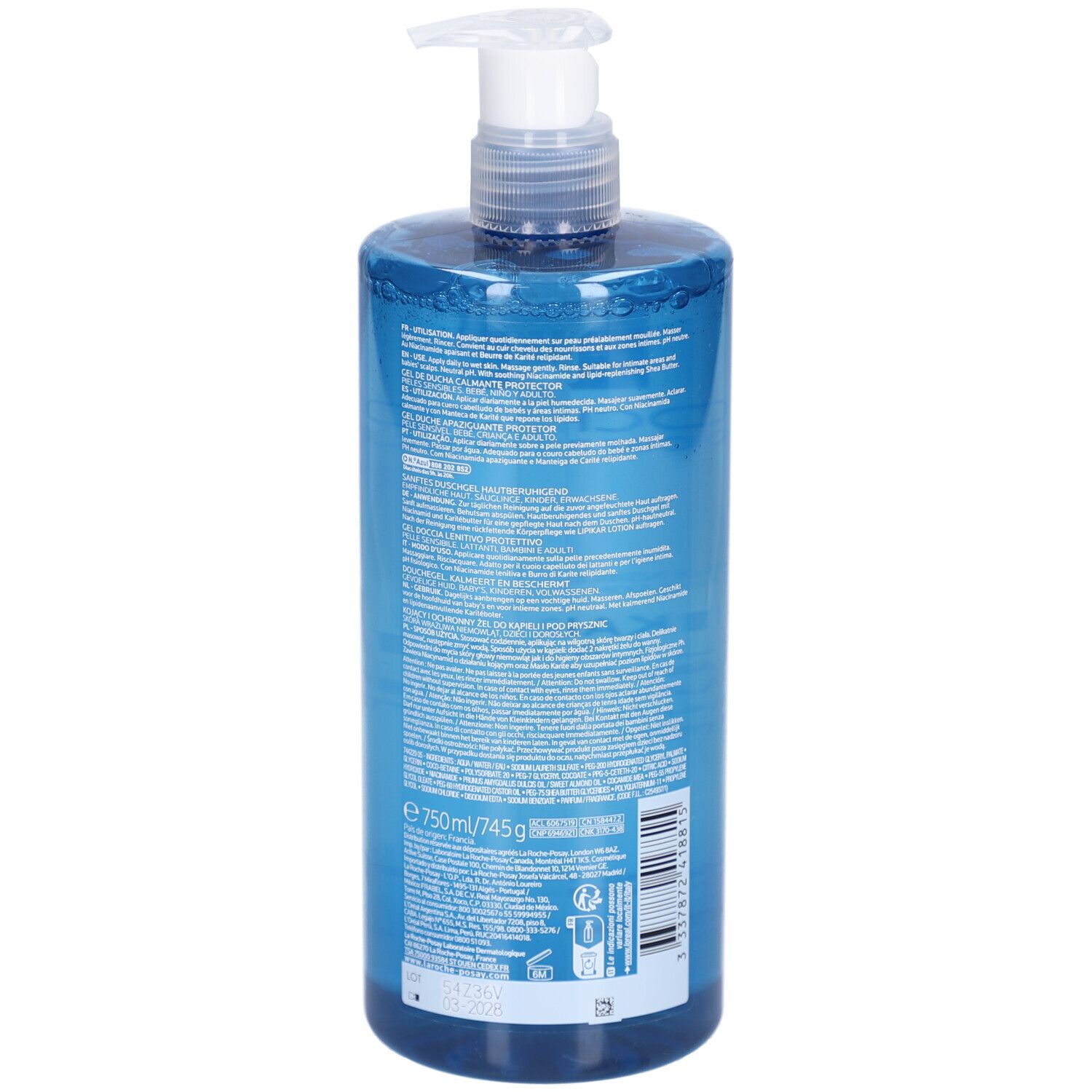 Rückseite der blauen Flasche La Roche-Posay Lipikar Gel Lavant. Text.