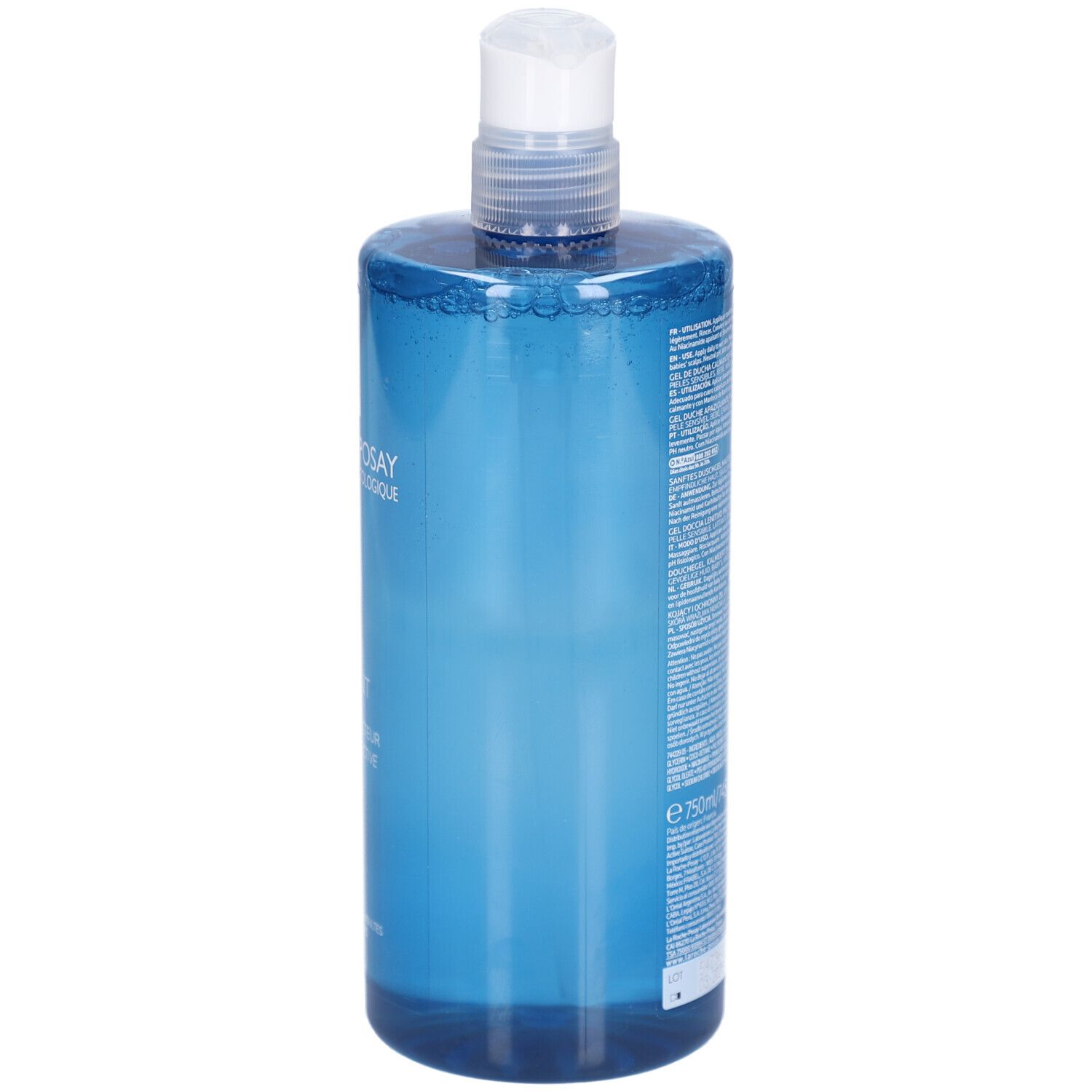 Rückseite der blauen Flasche La Roche-Posay Lipikar Gel Lavant. Text.