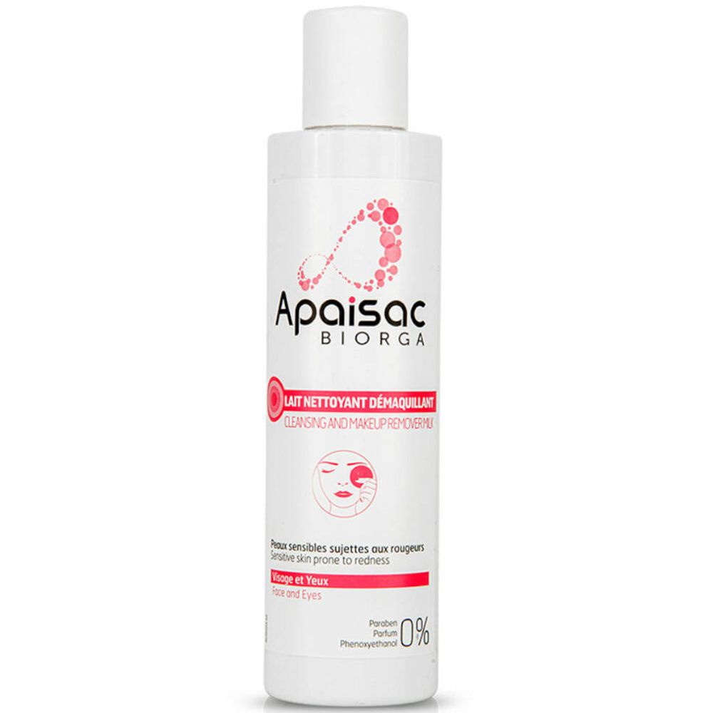 Reinigungsmilch-Flasche. Weiß, mit rosa Akzenten. Aufschrift: Apaisac Biorga, Lait Nettoyant Démaquillant. Für empfindliche Haut.