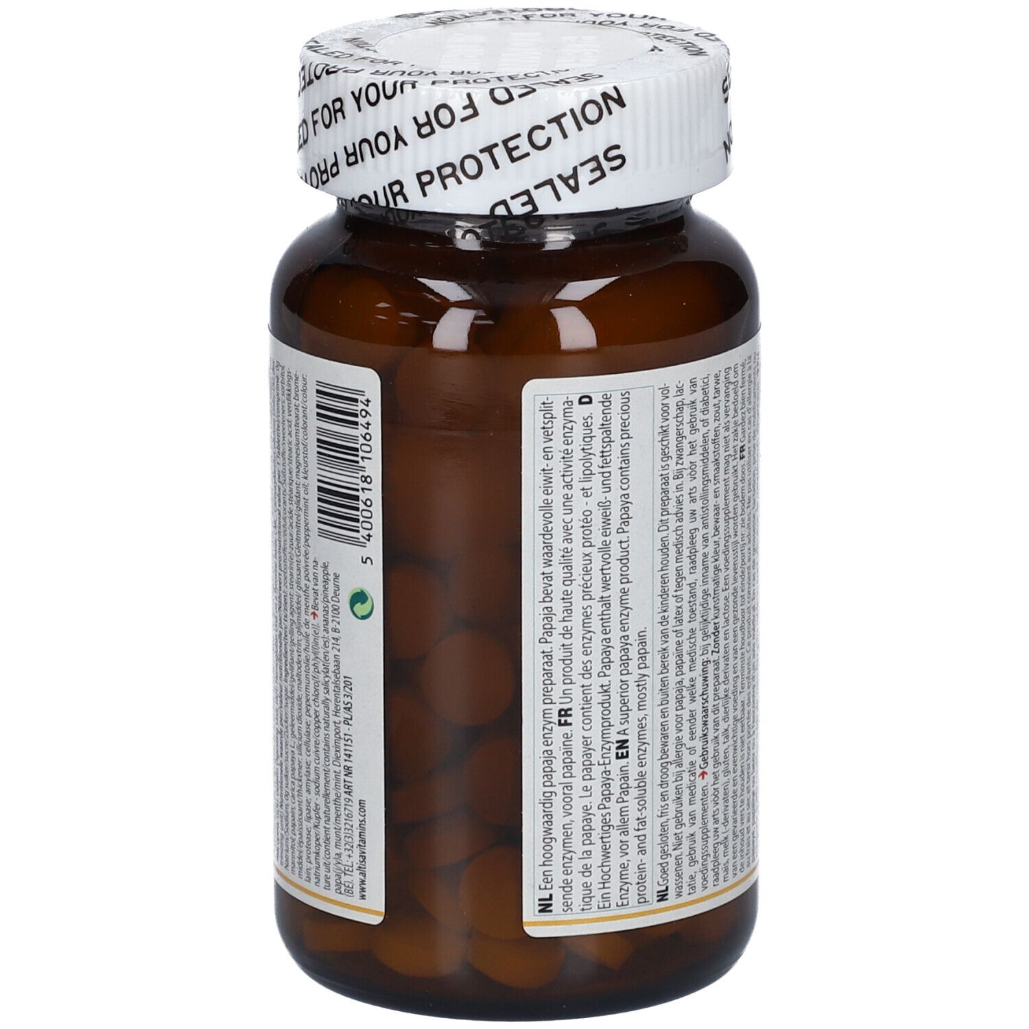 Flacon de comprimés brun avec couvercle blanc. Texte sur le flacon. Sceau : SEALED FOR YOUR PROTECTION.