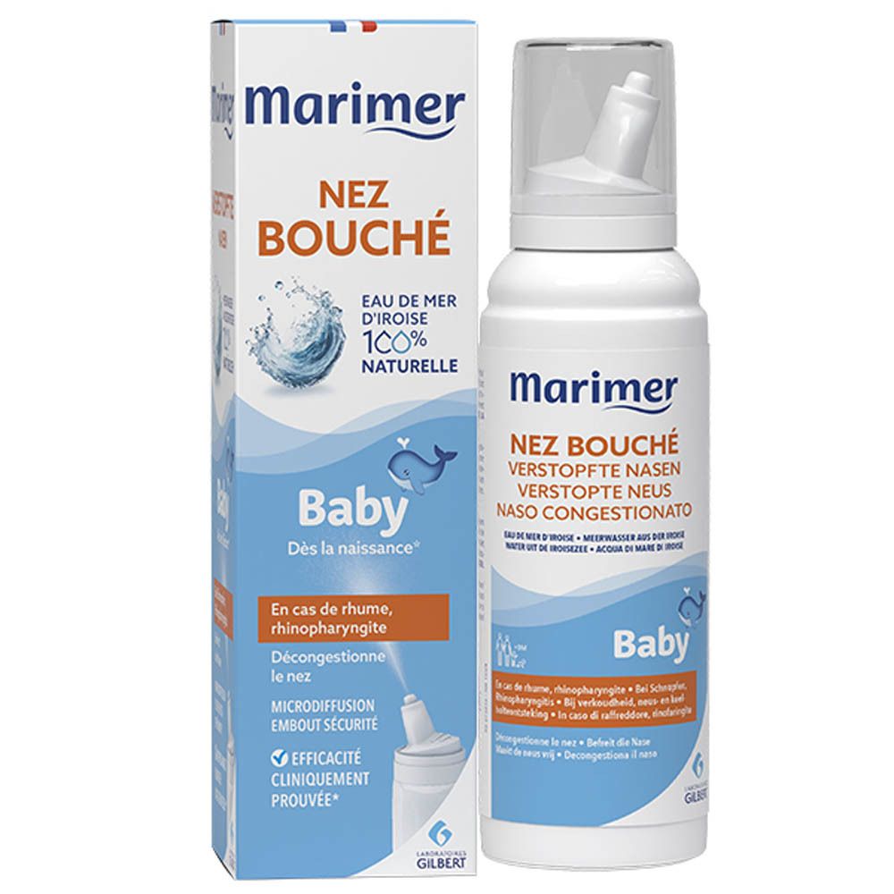 Spray nasal Marimer Baby. Flacon blanc avec étiquette bleue. Contient du texte en français.