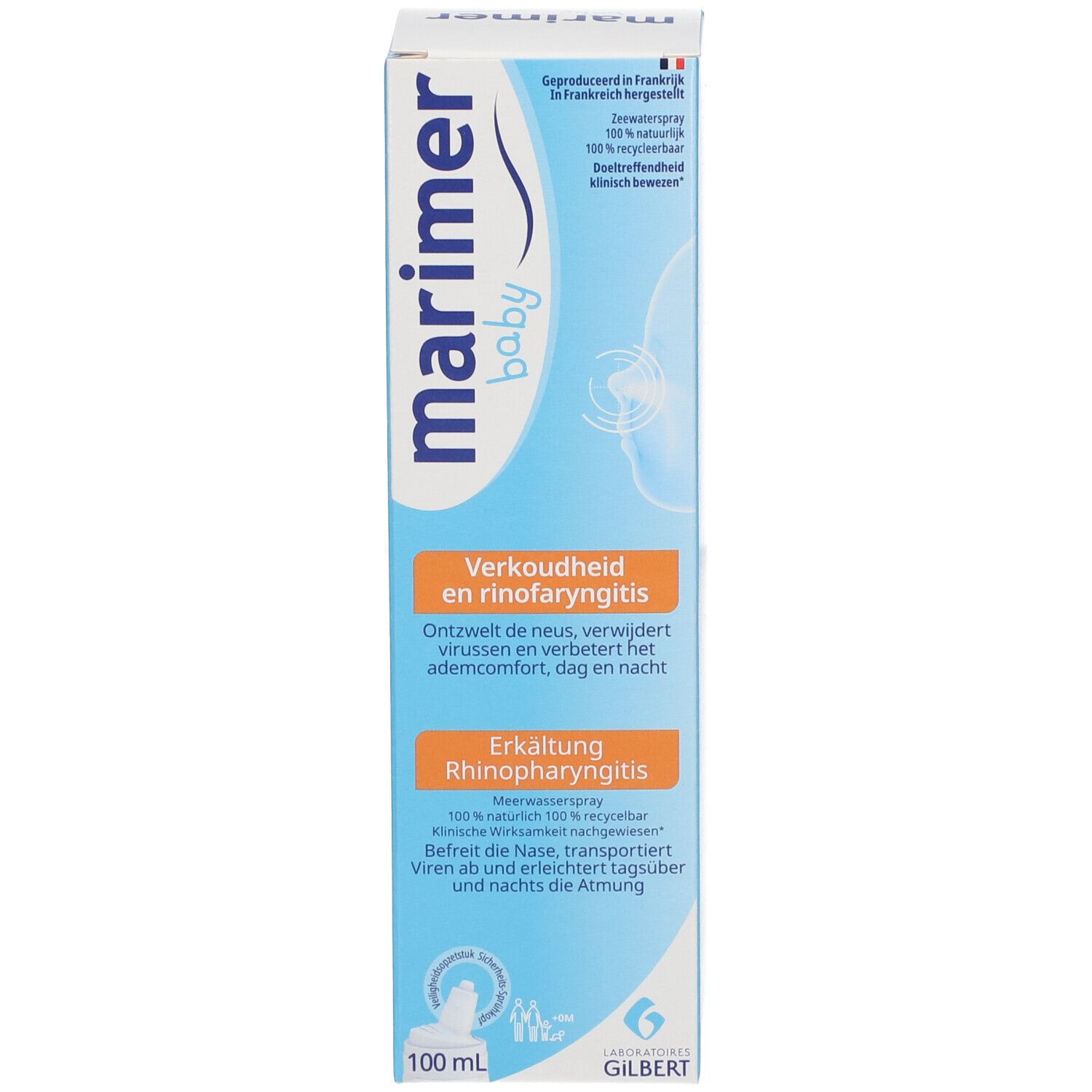 Marimer Baby Nasenspray in einer Schachtel. Blaue Schachtel mit weißer Schrift. Enthält Text in Französisch, Deutsch, Italienisch und Niederländisch.