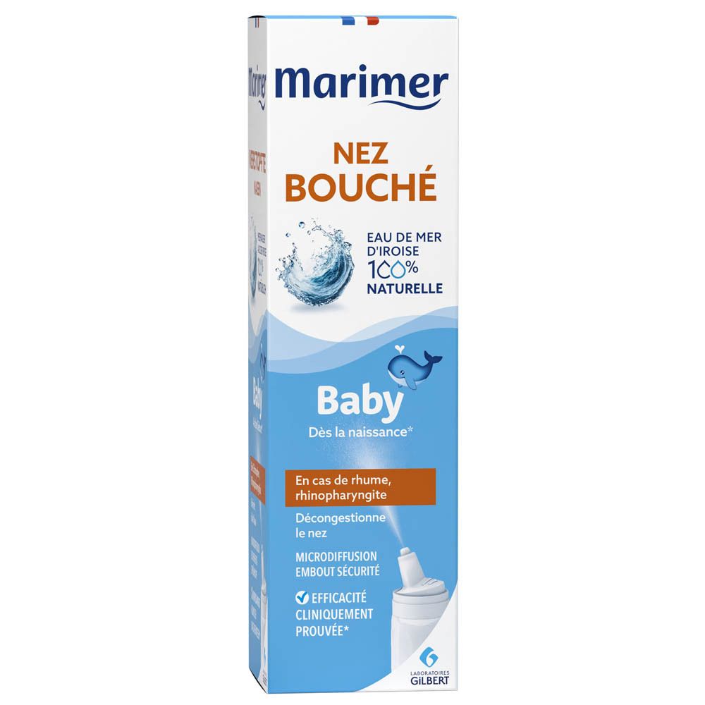 Spray nasal Marimer Baby en boîte. Boîte bleue avec texte blanc. Contient du texte en français.