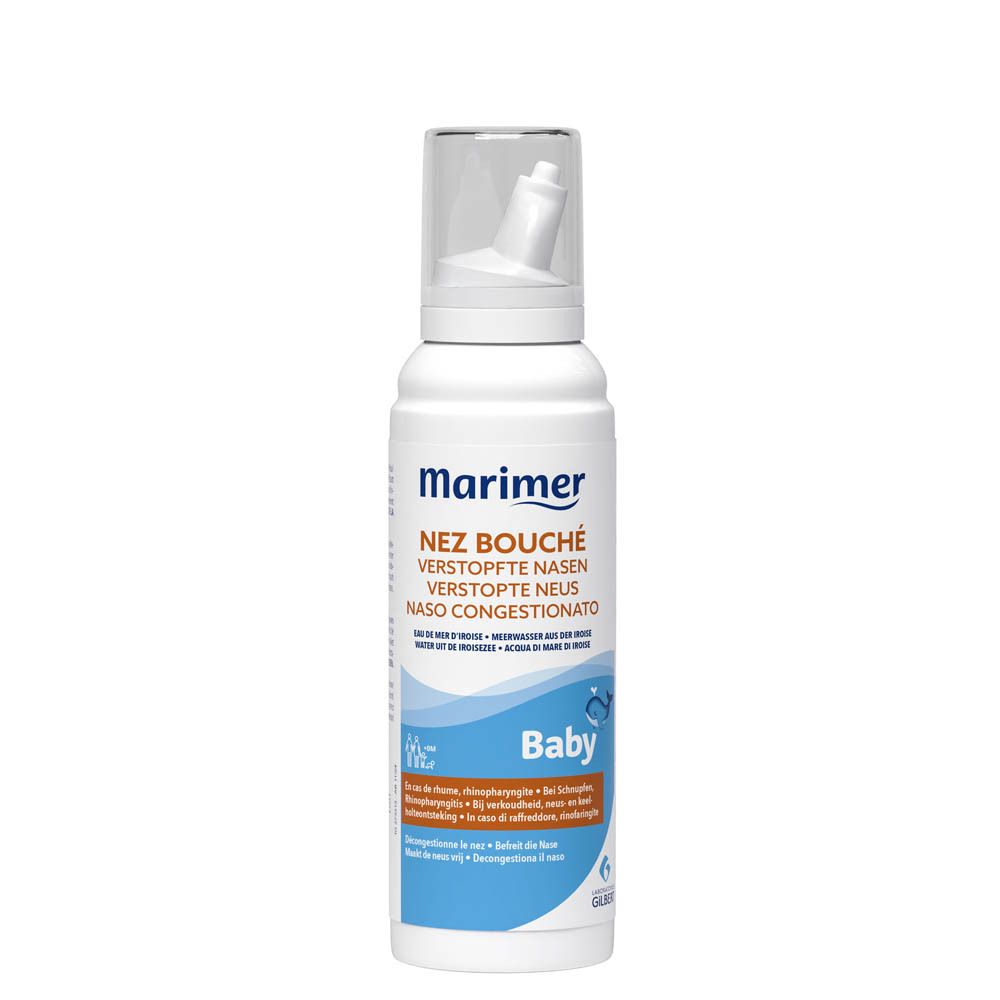 Spray nasal Marimer Baby. Flacon blanc avec étiquette bleue. Contient du texte en français.