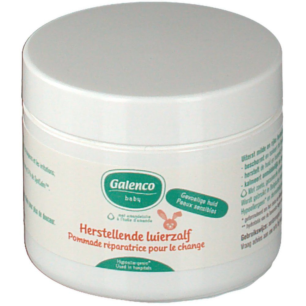 Weißes, rundes Tiegel mit Deckel. Auf dem Etikett steht "Galenco baby" und "Herstellende luierzalf Pommade réparatrice pour le change".