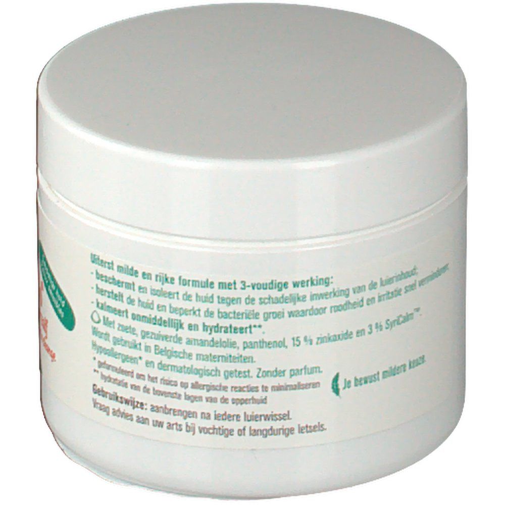 Weißes, rundes Tiegel mit Deckel. Auf dem Etikett Text über die Inhaltsstoffe und die Wirkung des Produkts.