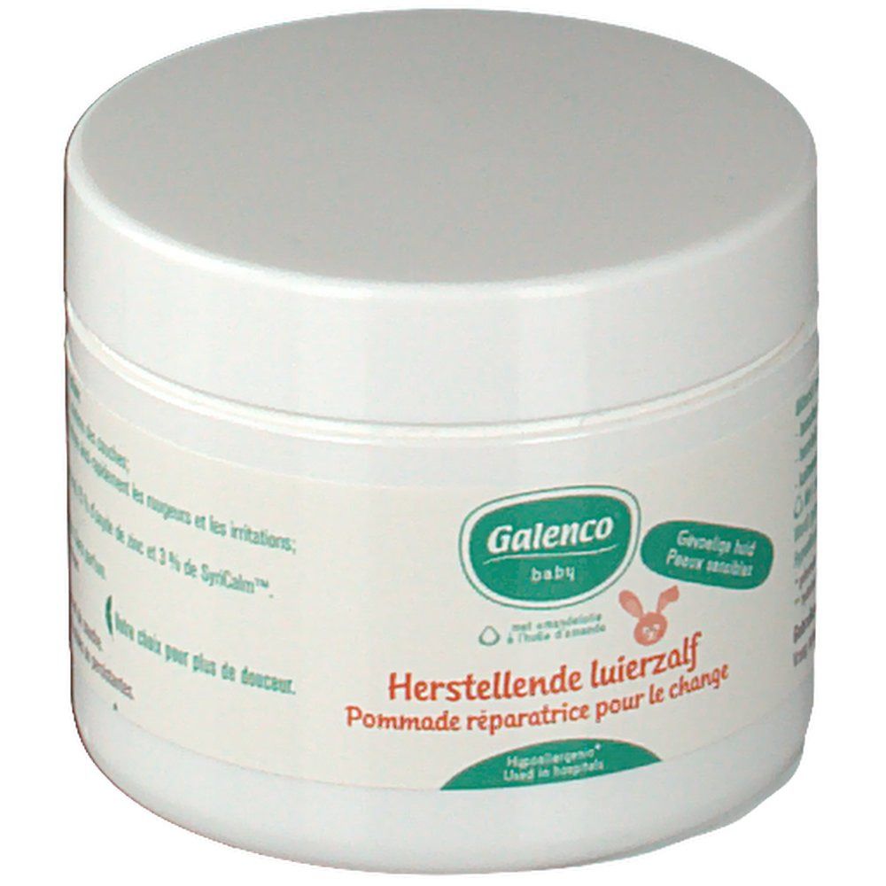 Weißes, rundes Tiegel mit Deckel. Auf dem Etikett steht "Galenco baby" und "Herstellende luierzalf Pommade réparatrice pour le change".