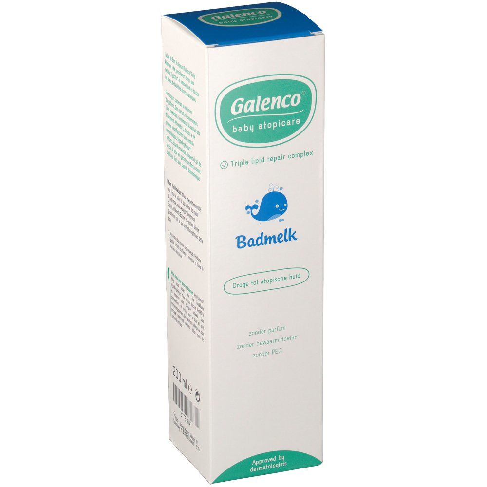Emballage en carton Galenco Bébé Atopicare. Boîte blanche et bleue avec logo et nom du produit. Contient Badmelk.