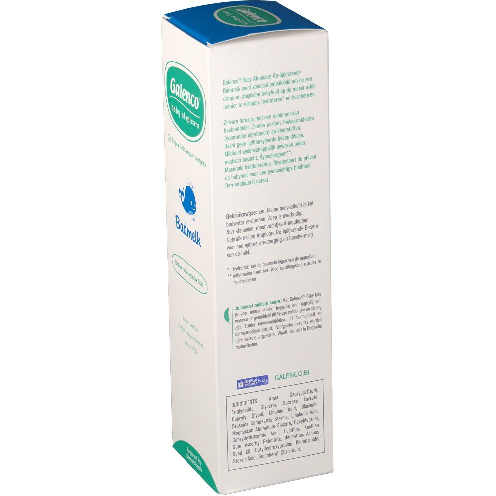 Dos de l'emballage en carton Galenco Bébé Atopicare. Texte multilingue, ingrédients et logo. Informations sur le produit.