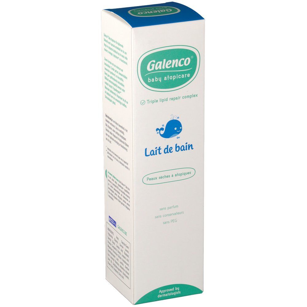 Emballage en carton Galenco Bébé Atopicare. Boîte blanche et bleue avec logo et nom du produit. Contient Lait de bain.