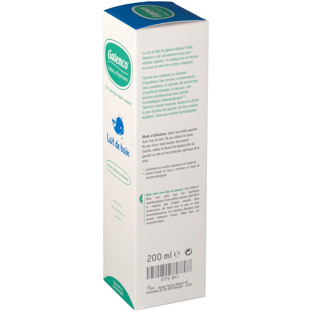 Dos de l'emballage en carton Galenco Bébé Atopicare. Texte multilingue, ingrédients et logo. 200 ml.