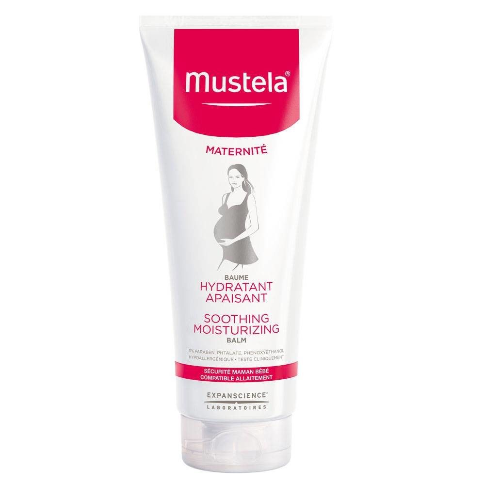 Weiß-rote Tube mit Produktbezeichnung und Schwangerschaftsgrafik. Text: Baume Hydratant Apaisant, Soothing Moisturizing Balm.