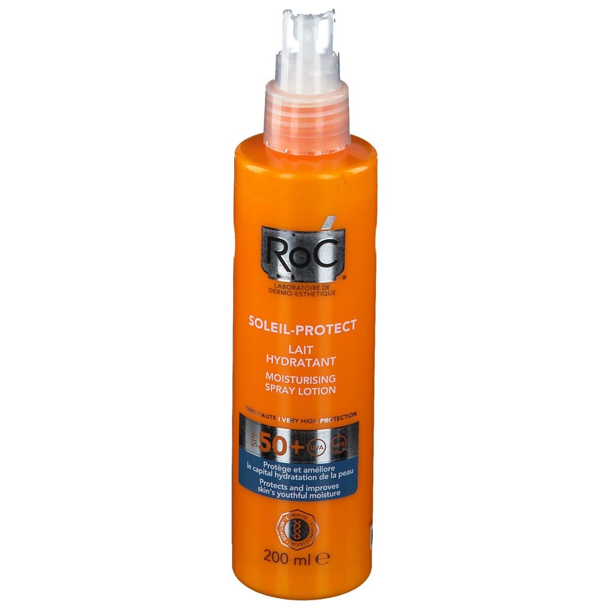 Orangefarbene Flasche mit Sprühkopf. Aufschrift: RoC Soleil-Protect Lait Hydratant, SPF 50+. 200 ml.
