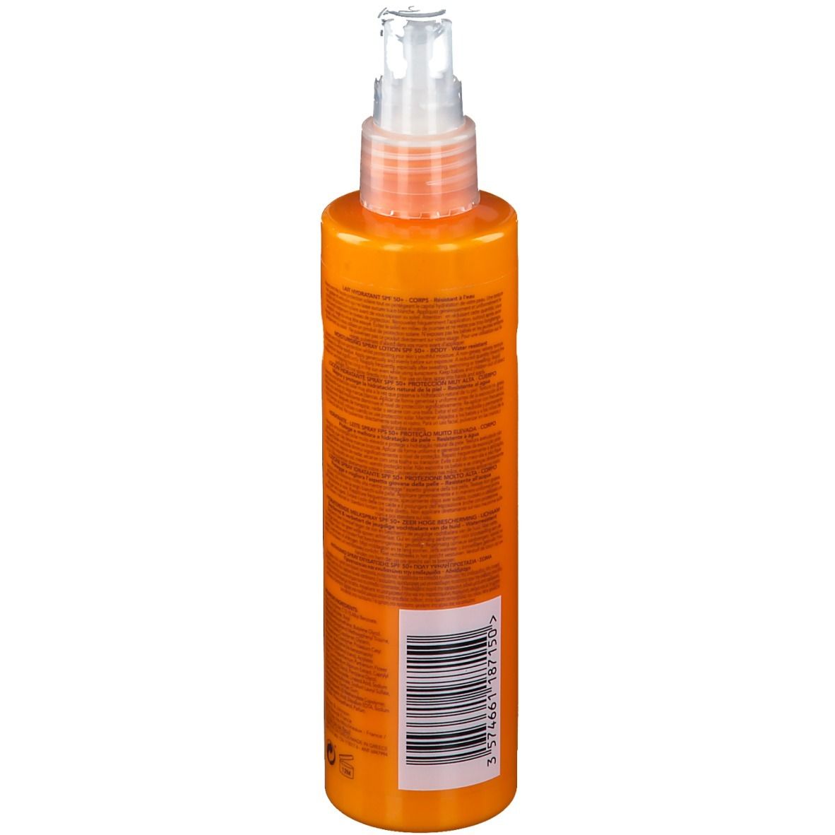 Rückseite einer orangefarbenen Flasche mit Sprühkopf. Barcode und Text.
