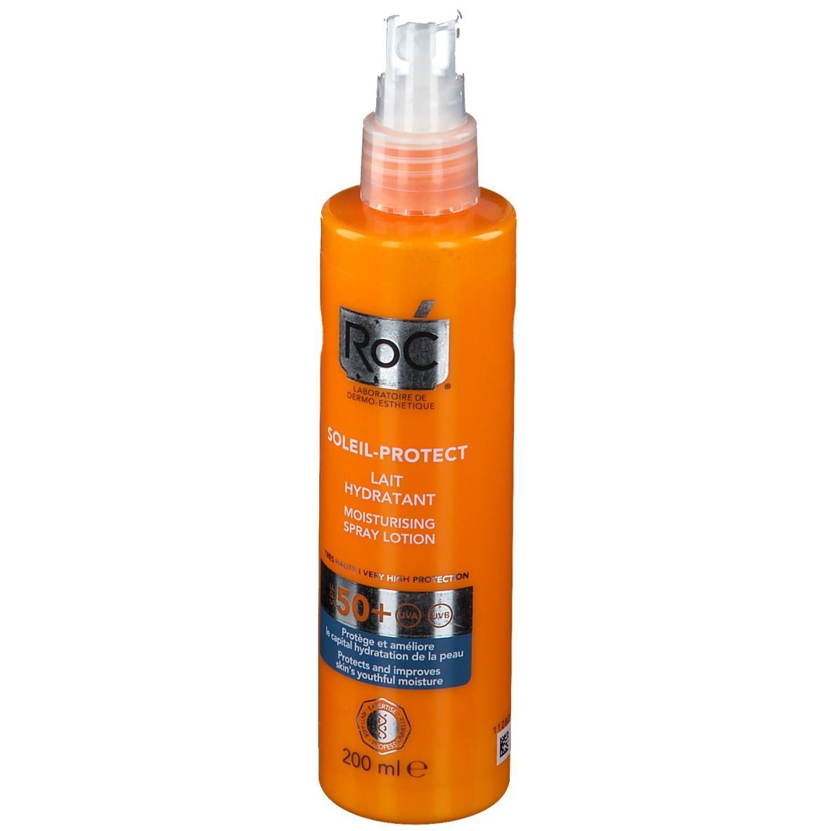 Orangefarbene Flasche mit Sprühkopf. Aufschrift: RoC Soleil-Protect Lait Hydratant, SPF 50+. 200 ml.