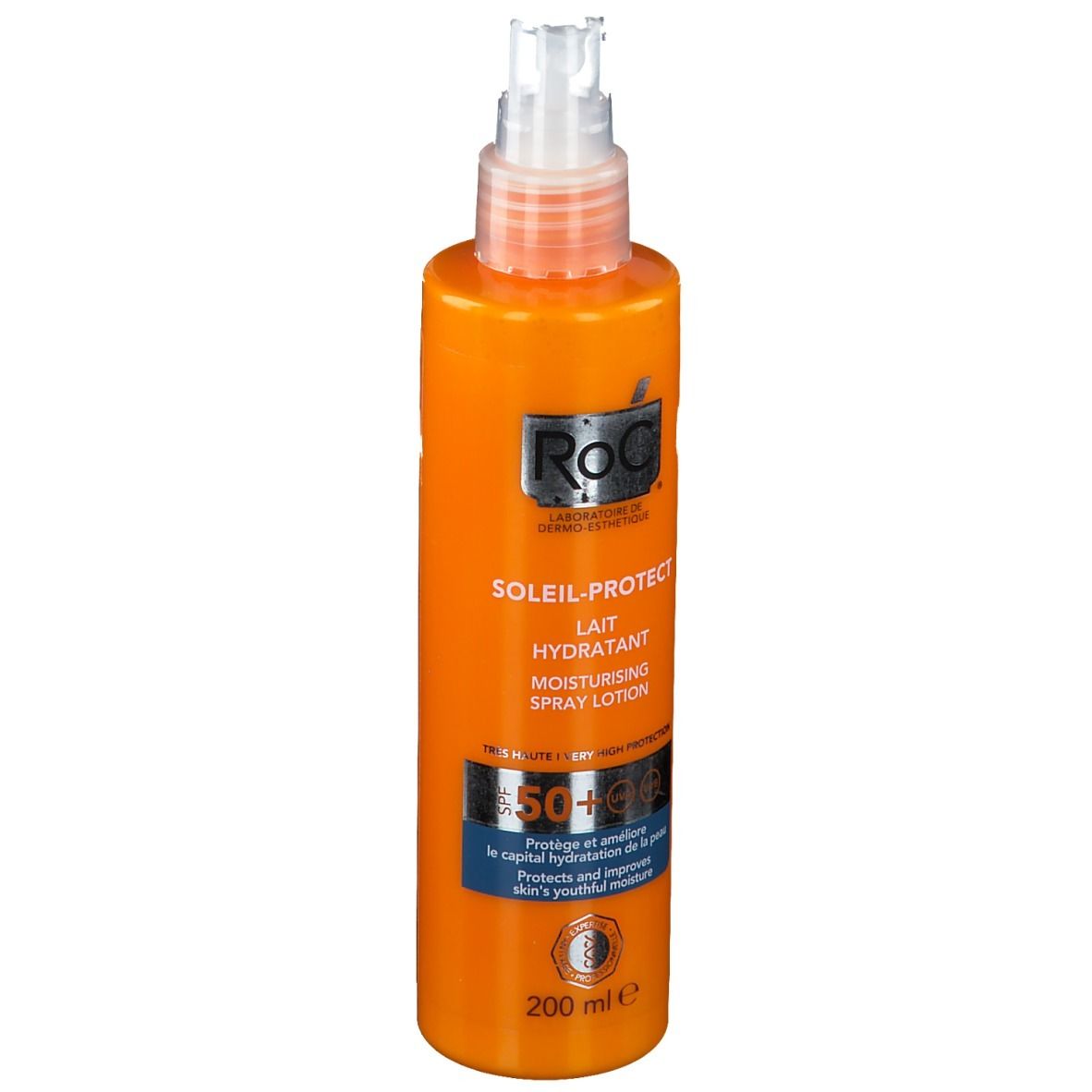 Orangefarbene Flasche mit Sprühkopf. Aufschrift: RoC Soleil-Protect Lait Hydratant, SPF 50+. 200 ml.