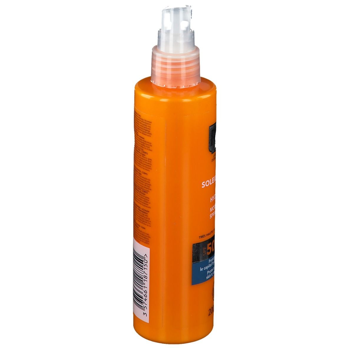 Orangefarbene Flasche mit Sprühkopf. Aufschrift: RoC Soleil-Protect, SPF 50+. Text auf der Seite.