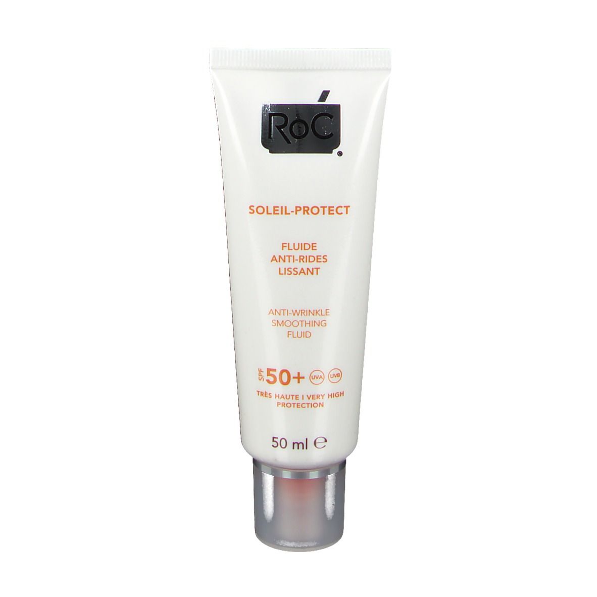 Weiße Tube mit RoC-Logo und Aufschrift SOLAIL-PROTECT. SPF 50+. 50 ml.