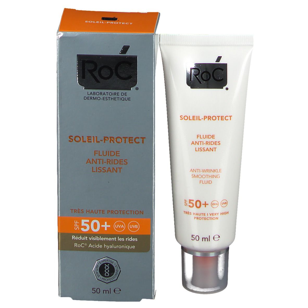 Produktverpackung mit Tube. RoC SOLAIL-PROTECT. SPF 50+. Faltenreduzierung. 50 ml.