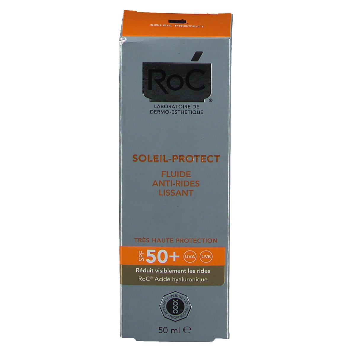 Produktverpackung. RoC SOLAIL-PROTECT. SPF 50+. Reduziert Falten. 50 ml.